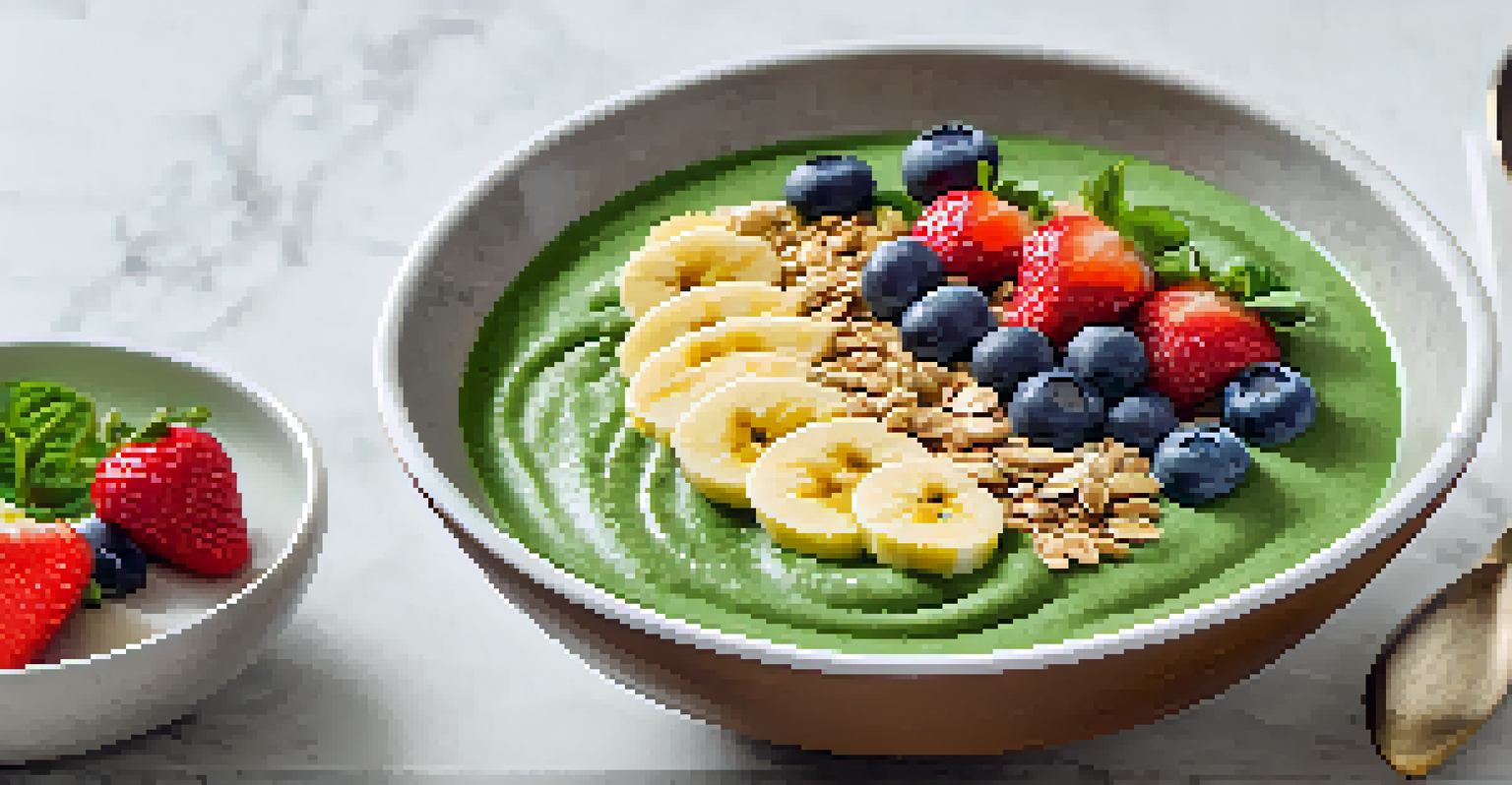 A smoothie bowl filled with spinach and banana, topped with strawberries, blueberries, and granola on a marble countertop.