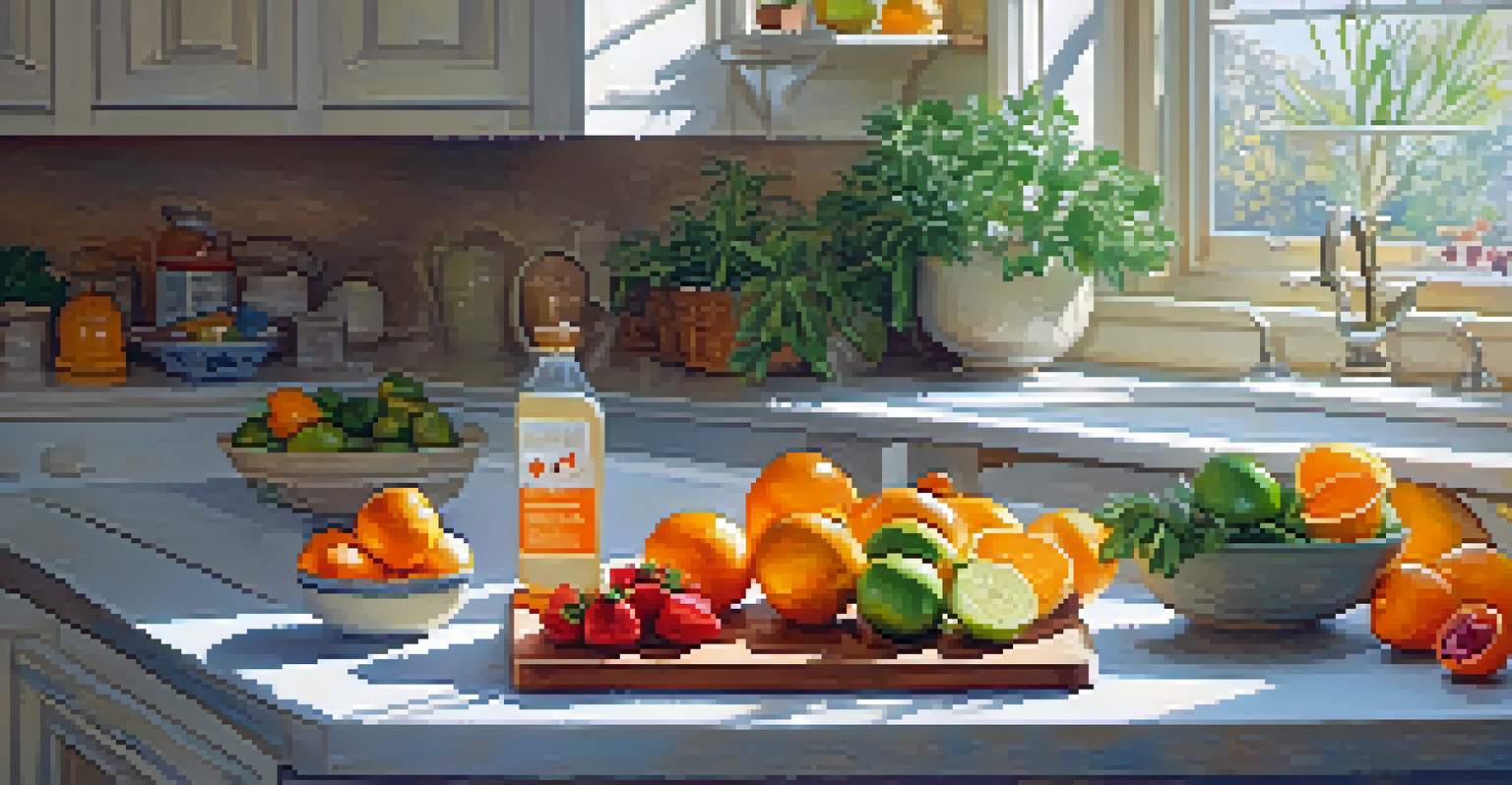 A cutting board with citrus fruits and yogurt in a bright kitchen, bathed in sunlight, promoting healthy eating.