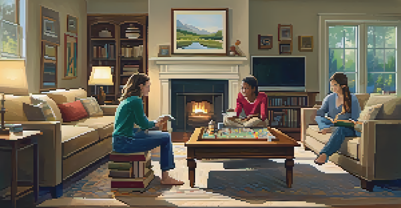 A warm living room where a family enjoys a board game together, creating a screen-free environment for connection.
