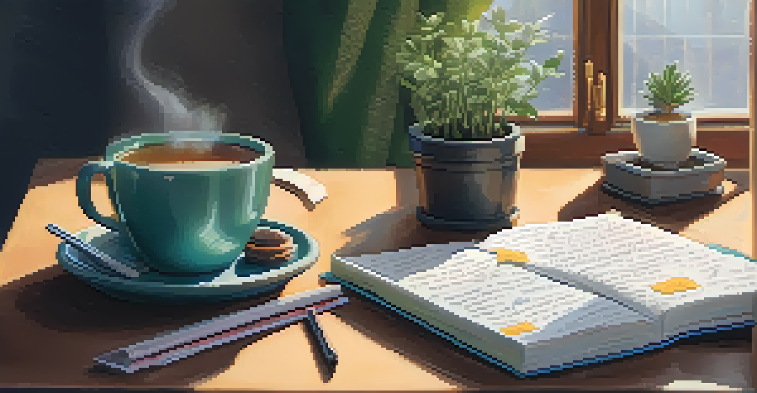A cozy workspace with motivational quotes, an open journal with affirmations, and a cup of tea.