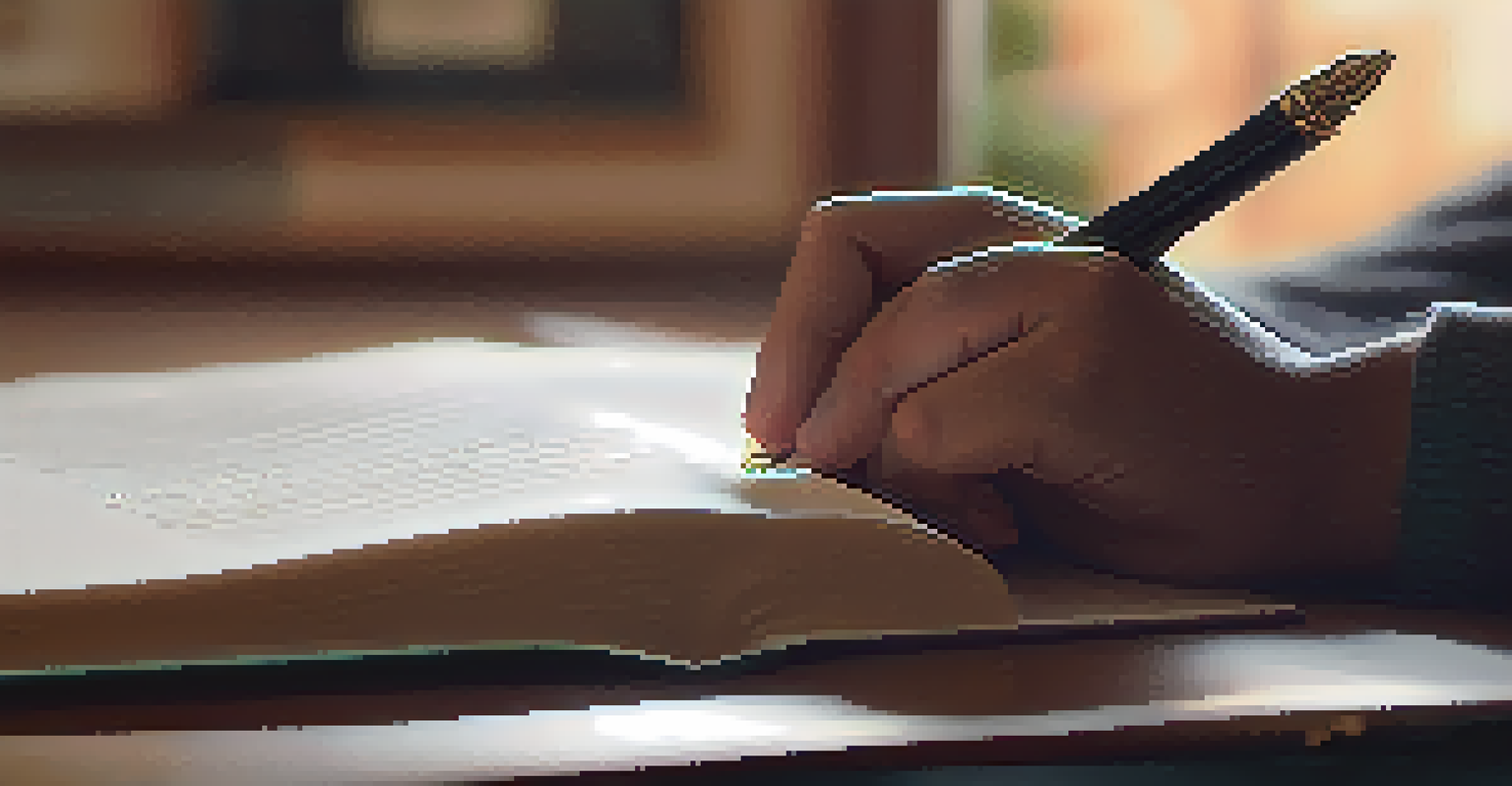 A close-up view of a hand writing in a journal with a pen beside it, illuminated by soft lamp light.