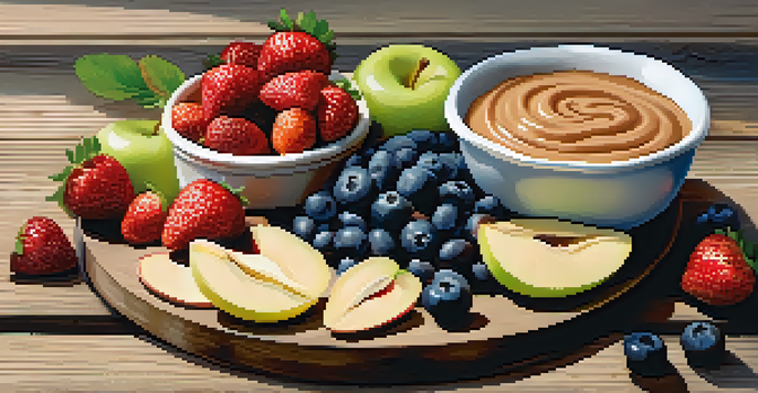 A healthy snack platter with colorful fruits and almond butter on a wooden table.
