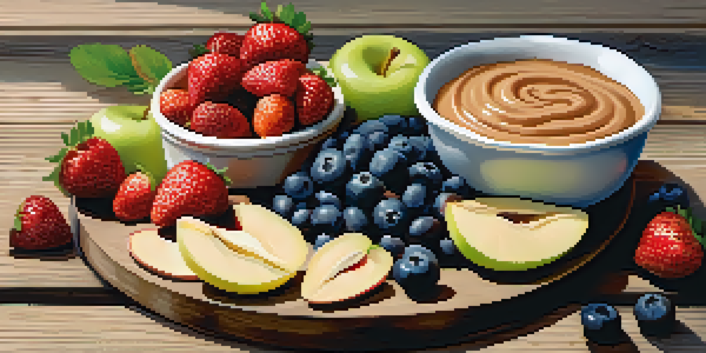 A healthy snack platter with colorful fruits and almond butter on a wooden table.