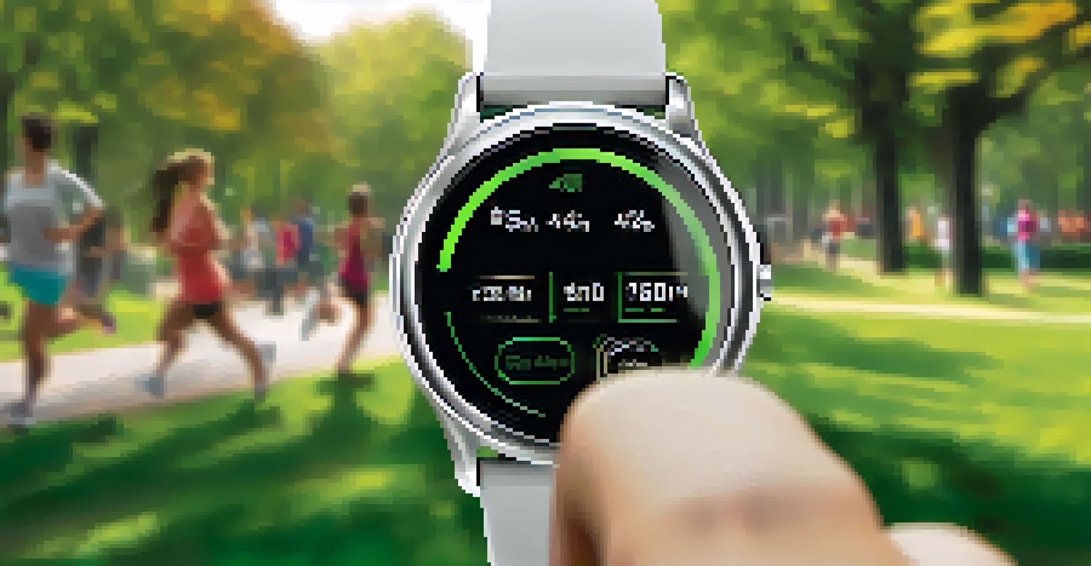 A close-up of a smartwatch showing fitness metrics, with a person jogging in a park in the background.