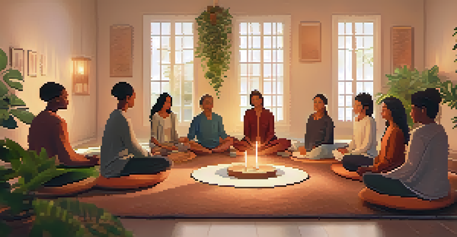 A group of people meditating together in a cozy room, surrounded by candles and plants, creating a sense of community.
