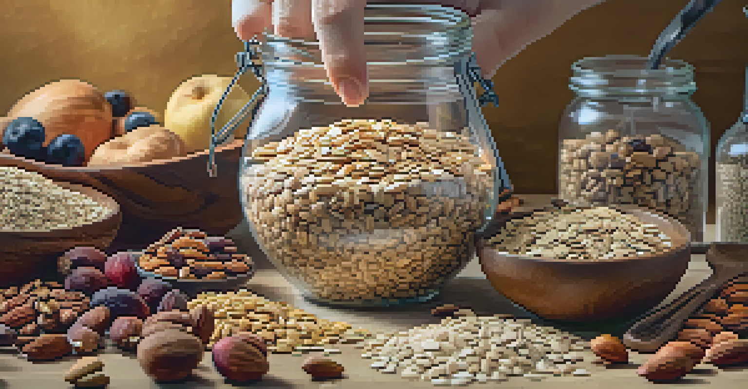 A close-up of oats being poured into a bowl, surrounded by nuts, seeds, and dried fruits.