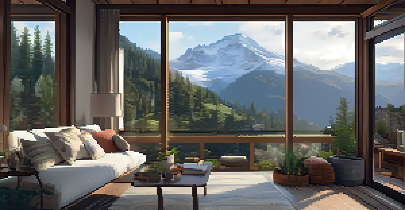 An indoor retreat space with a mountain view, featuring cushions, herbal teas, and an open journal, illuminated by natural light.