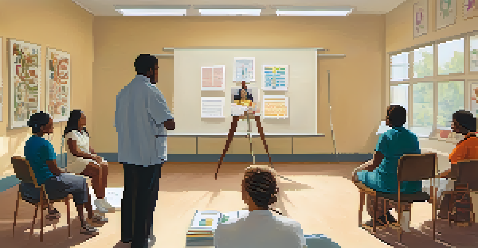 A workshop on cultural sensitivity with a health professional and diverse participants discussing health beliefs, surrounded by visual aids in a bright room.