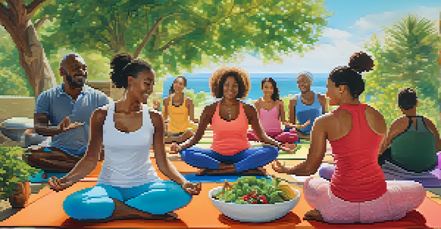 A diverse group of people participating in healthy lifestyle activities like yoga, cooking, and exercising, with vibrant colors and natural light.
