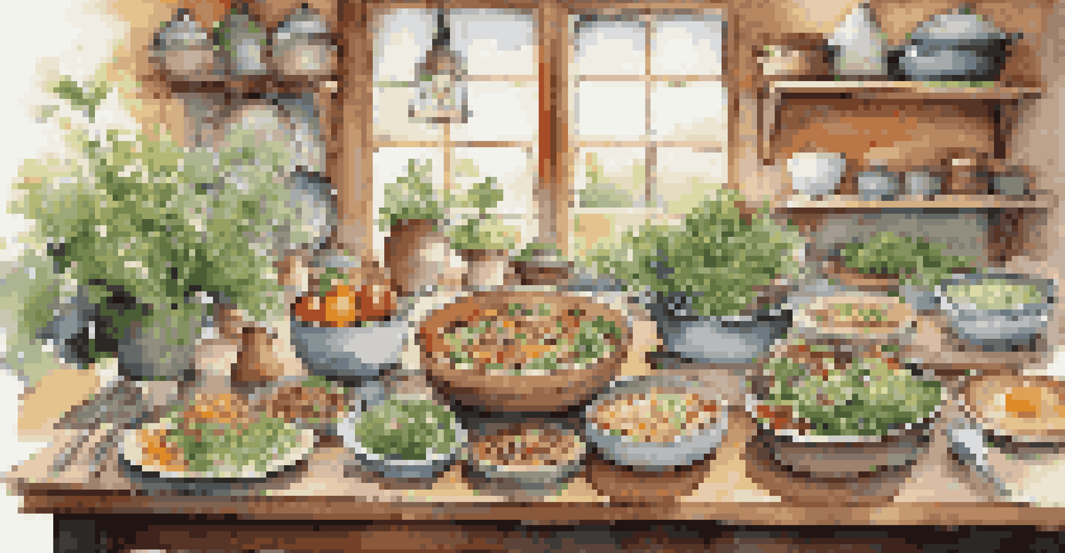 A colorful spread of delicious plant-based dishes arranged on a rustic wooden kitchen table.