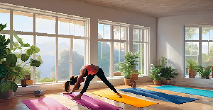 A diverse group of athletes practicing yoga in a bright studio with large windows and indoor plants.