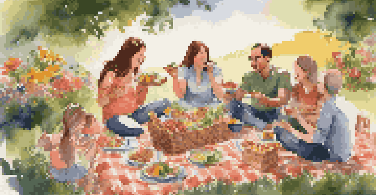 A joyful family picnic scene with members sharing a meal on a blanket, surrounded by nature and laughter.
