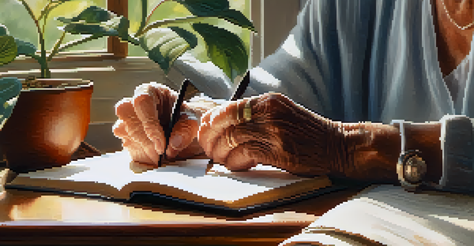 An elderly person’s hands holding an open book with reading glasses on it, illuminated by soft morning light in a cozy living room.