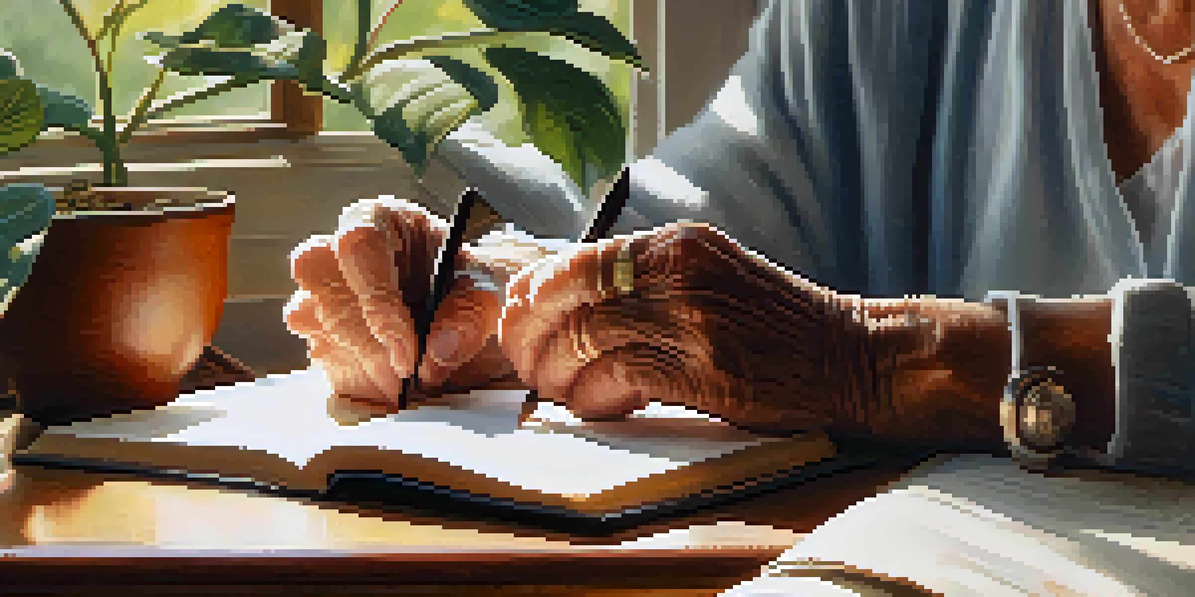 An elderly person’s hands holding an open book with reading glasses on it, illuminated by soft morning light in a cozy living room.