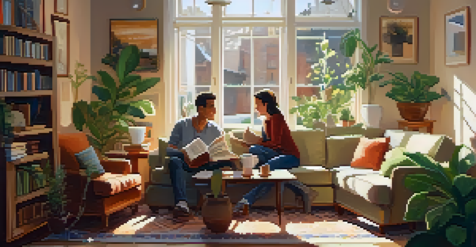 Two friends having a heartfelt conversation in a cozy living room, with sunlight streaming through the window and a warm ambiance.