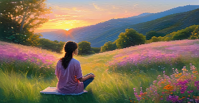 A person meditating on a grassy hill surrounded by wildflowers during sunset, radiating peace and joy.