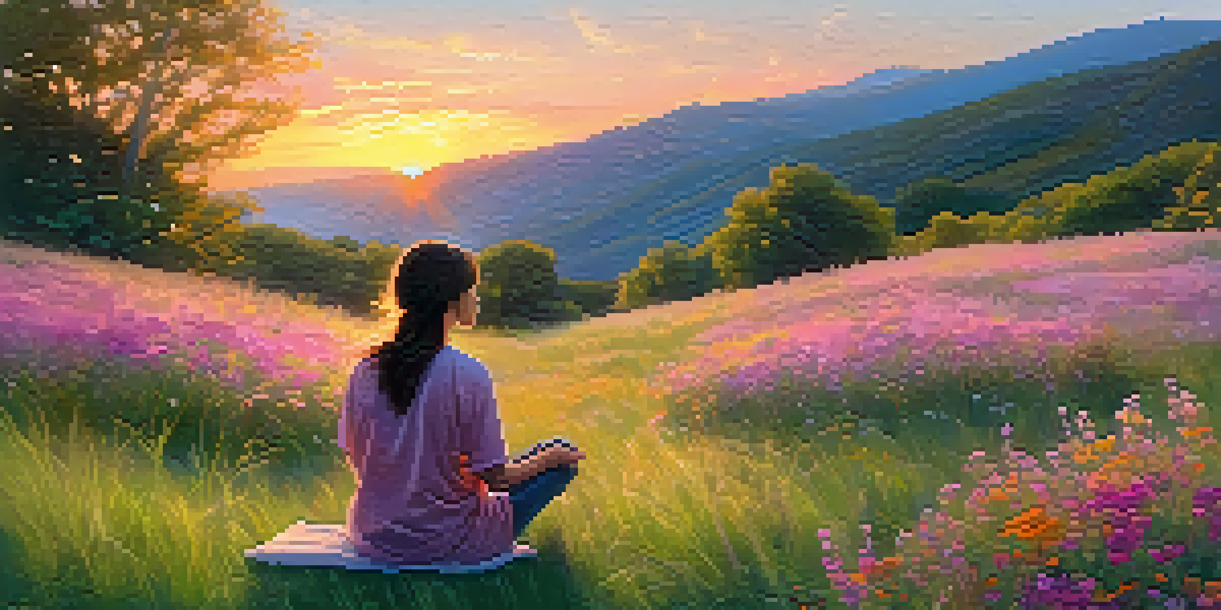 A person meditating on a grassy hill surrounded by wildflowers during sunset, radiating peace and joy.