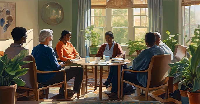A cozy support group meeting with diverse individuals sharing their experiences in a warmly lit room with plants in the background.