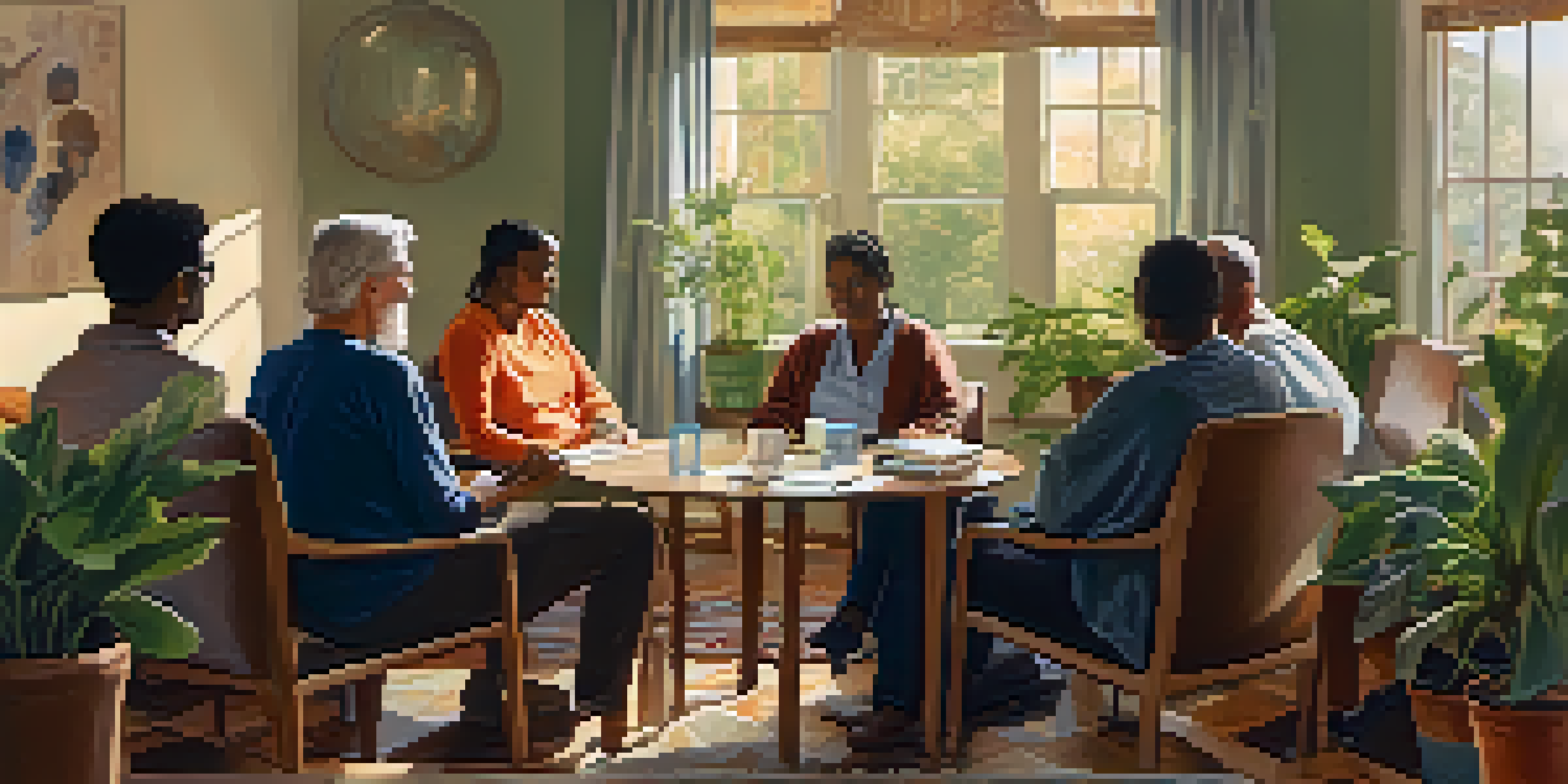 A cozy support group meeting with diverse individuals sharing their experiences in a warmly lit room with plants in the background.