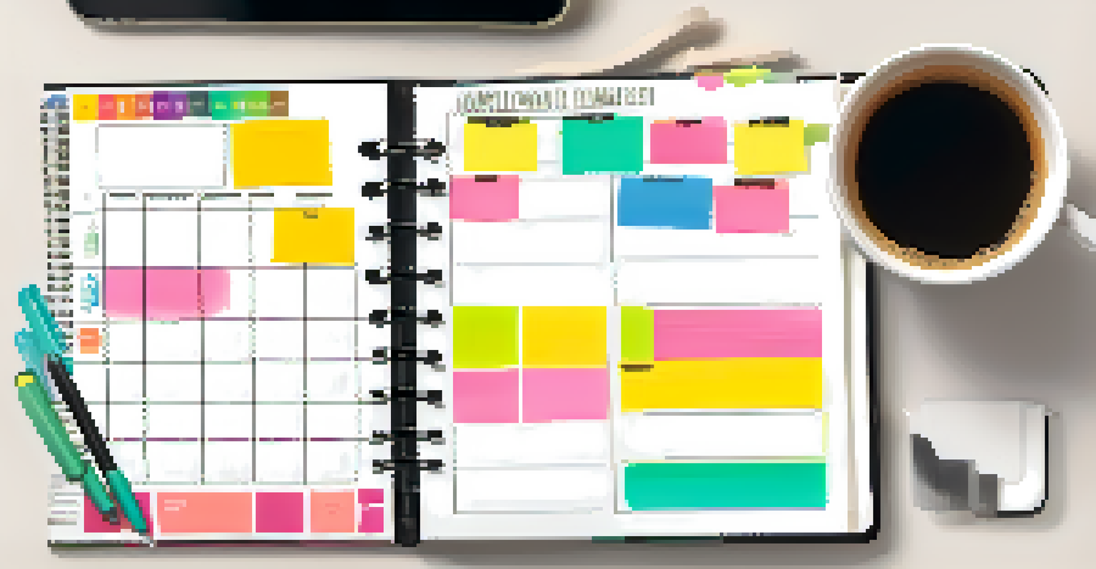 A close-up of a planner filled with colorful sticky notes and pens, with a cup of coffee, illustrating time management.