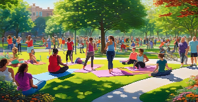 A lively urban park with diverse individuals participating in yoga, jogging, and gardening under sunlight filtering through trees.