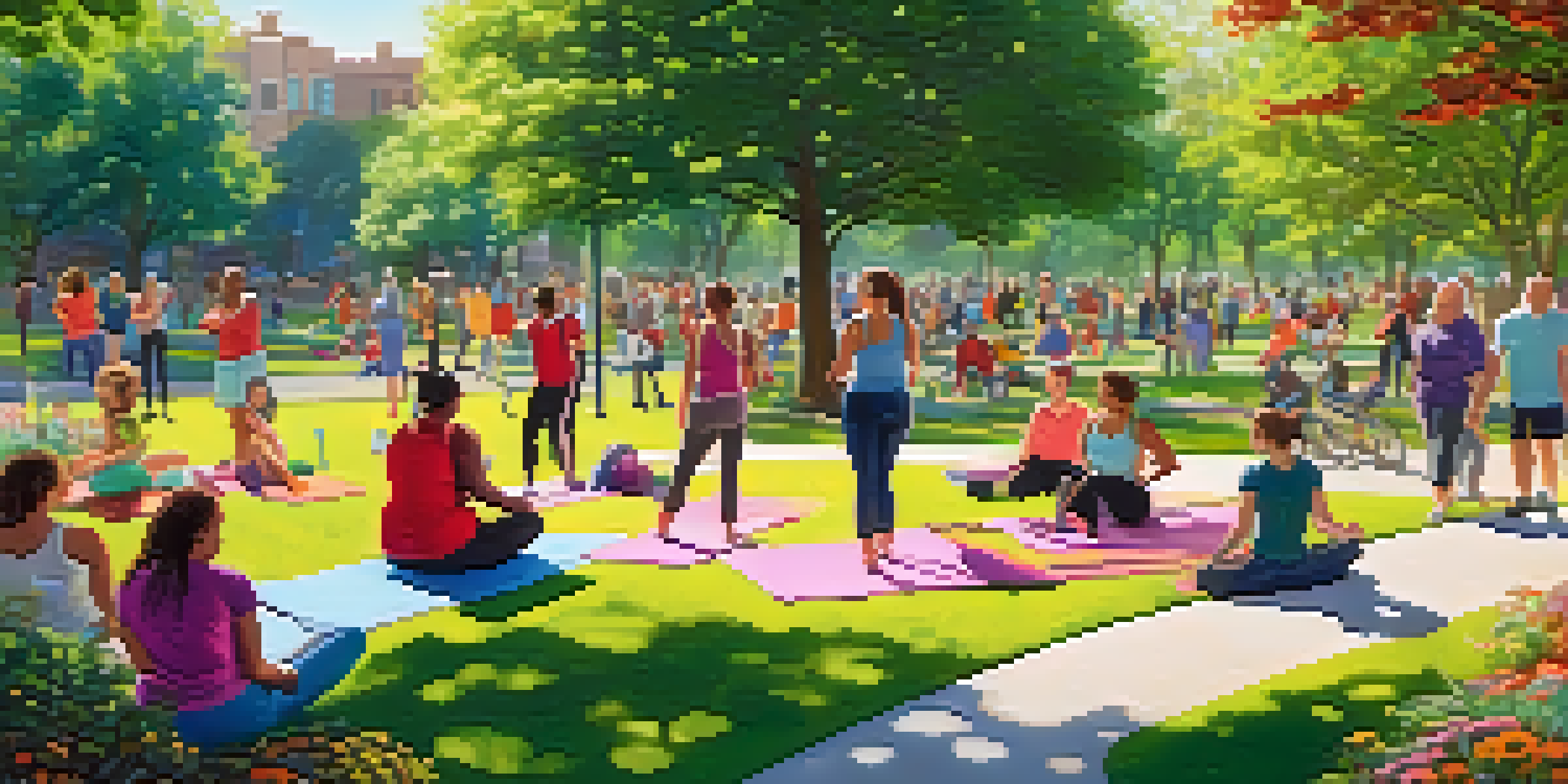 A lively urban park with diverse individuals participating in yoga, jogging, and gardening under sunlight filtering through trees.