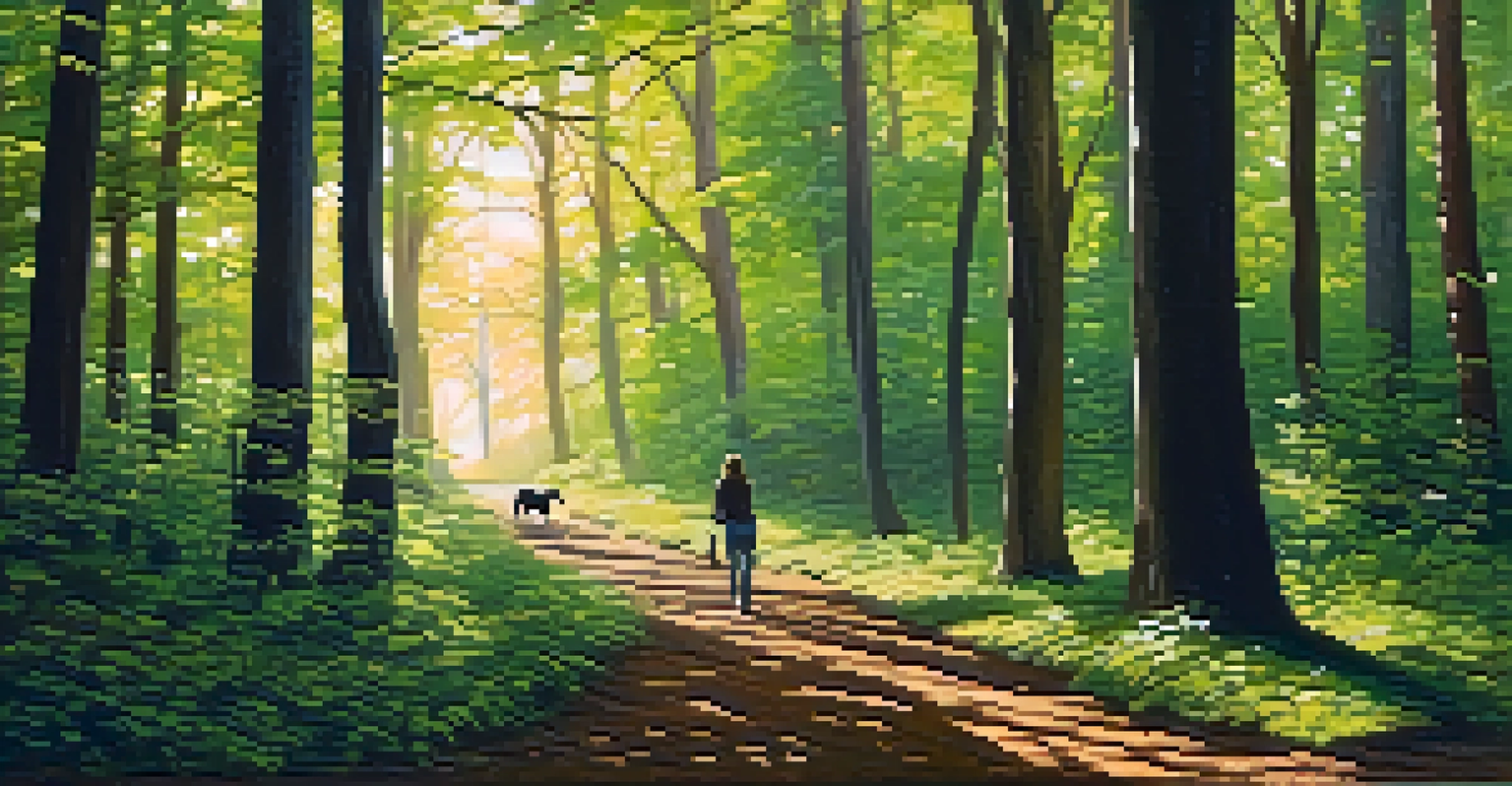 A person walking their dog on a forest path with sunlight filtering through the trees.