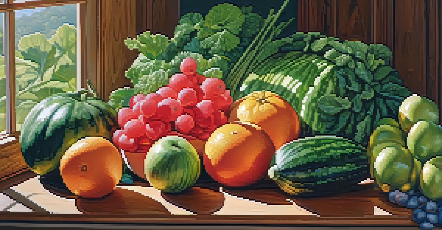 An assortment of fresh fruits and vegetables arranged on a wooden cutting board, with sunlight illuminating the colors.