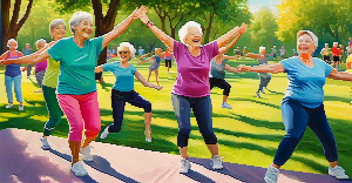 A group of happy seniors exercising together in a sunny park, performing stretches and aerobic activities.