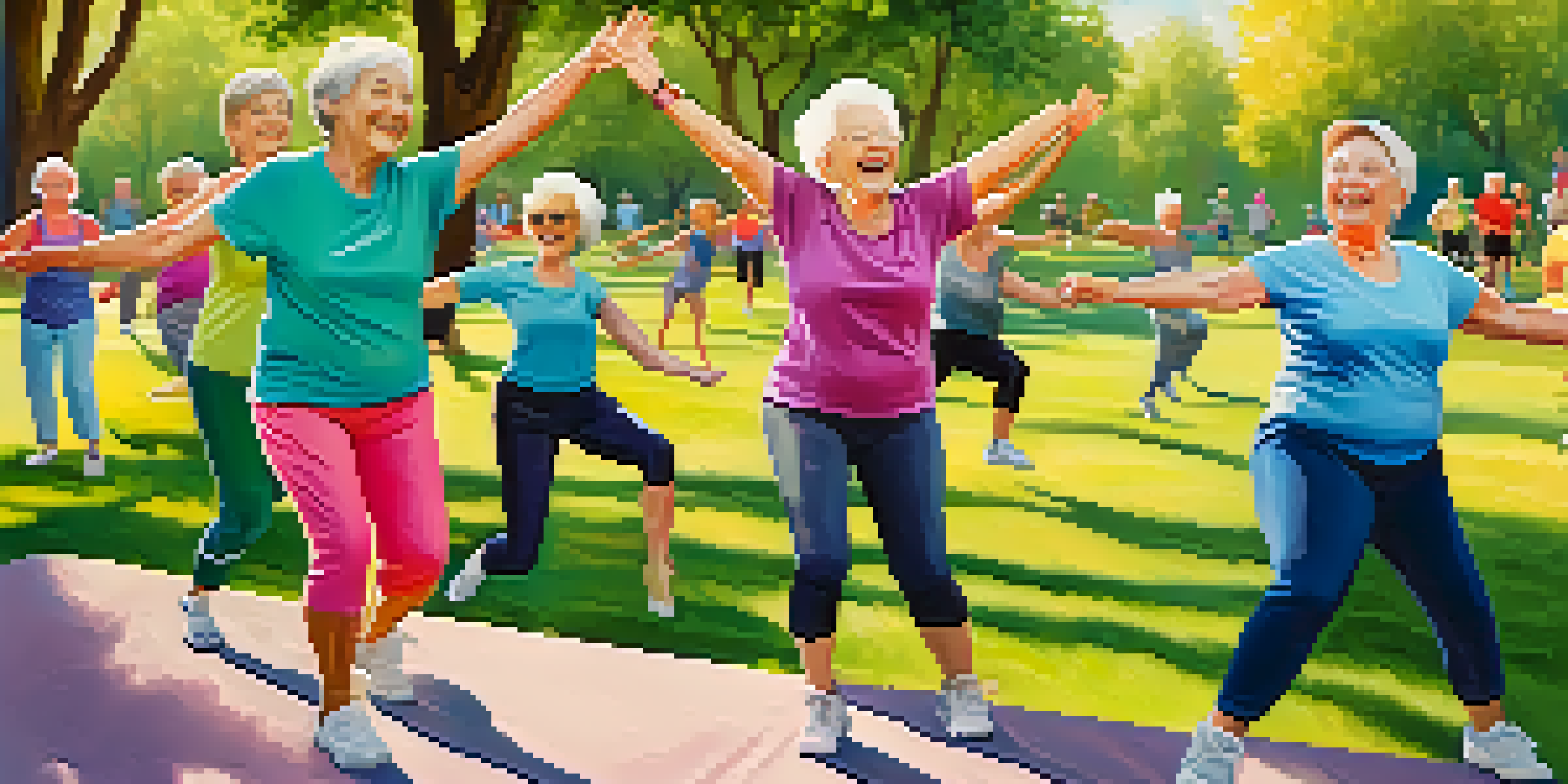 A group of happy seniors exercising together in a sunny park, performing stretches and aerobic activities.