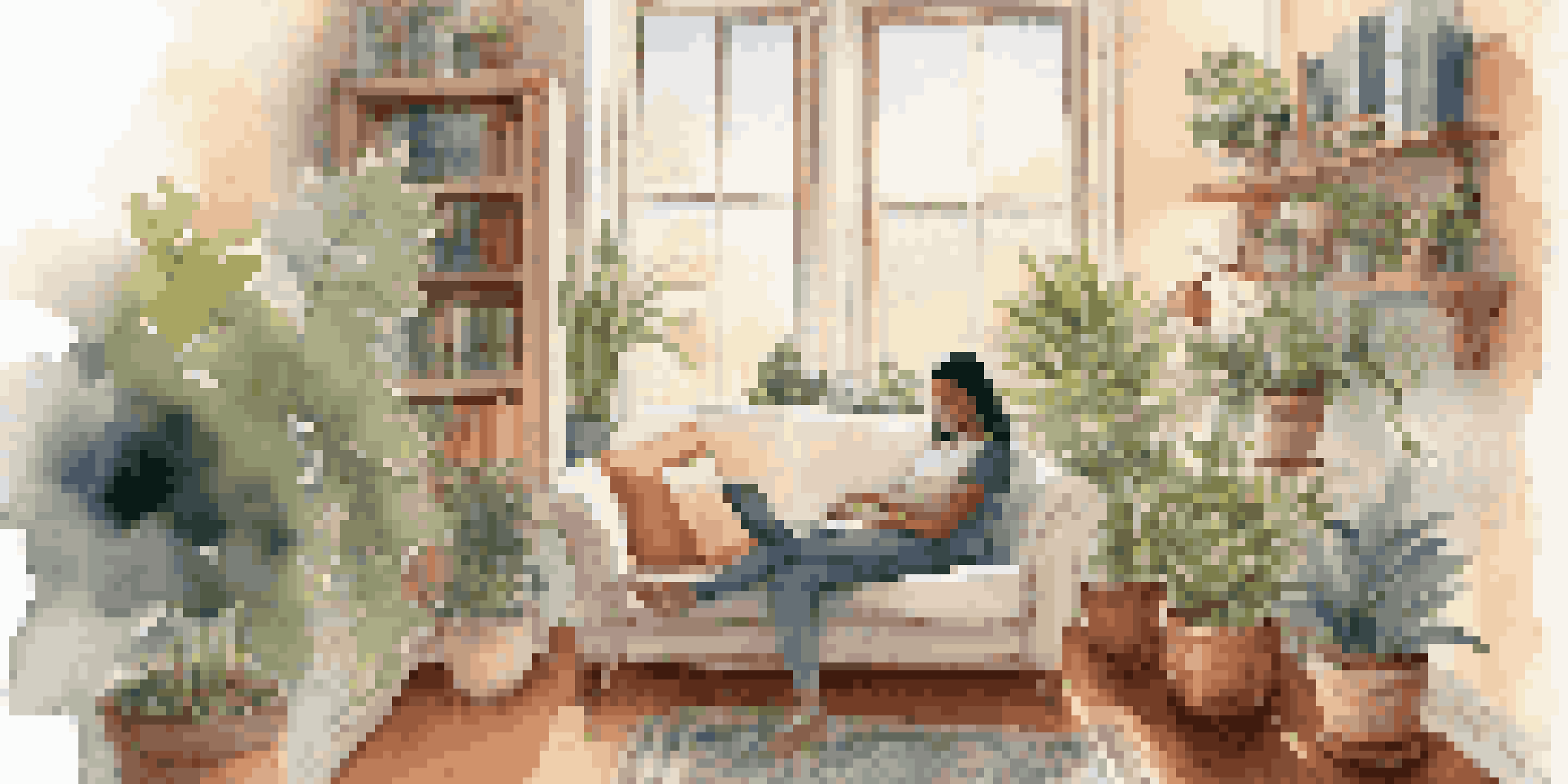 A person having a virtual therapy session in a cozy living room filled with plants and books, with warm lighting and a cup of tea on the table.