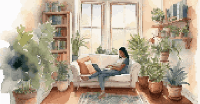 A person having a virtual therapy session in a cozy living room filled with plants and books, with warm lighting and a cup of tea on the table.