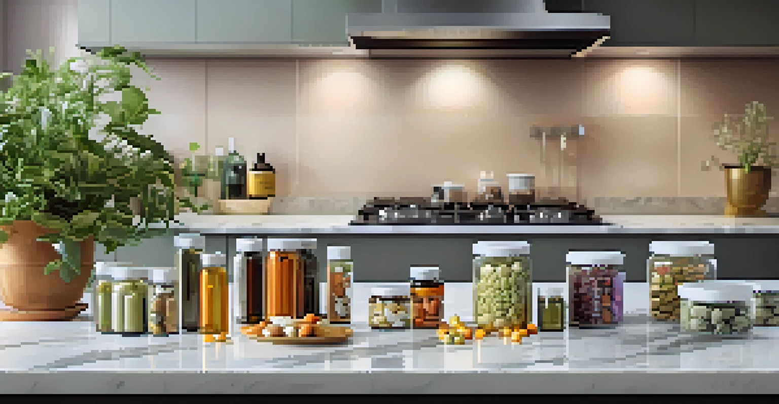 A bowl of nutritional supplements on a marble kitchen countertop with warm lighting and a potted plant in the background.
