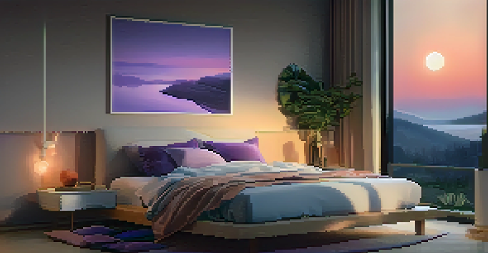 A cozy bedroom with a soft bed, warm lighting, and a sunset visible through the window, accompanied by a fitness tracker on the nightstand.