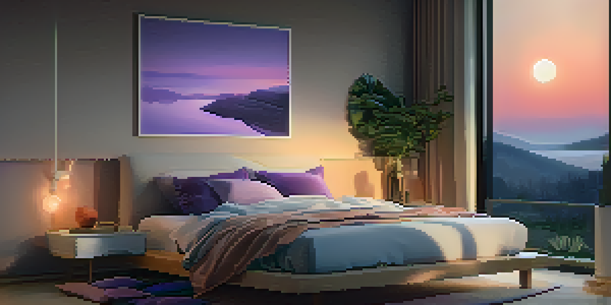 A cozy bedroom with a soft bed, warm lighting, and a sunset visible through the window, accompanied by a fitness tracker on the nightstand.