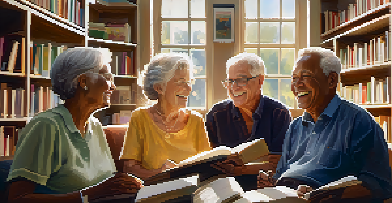 A diverse group of seniors engaged in a book club discussion in a bright community center, sharing smiles and books.