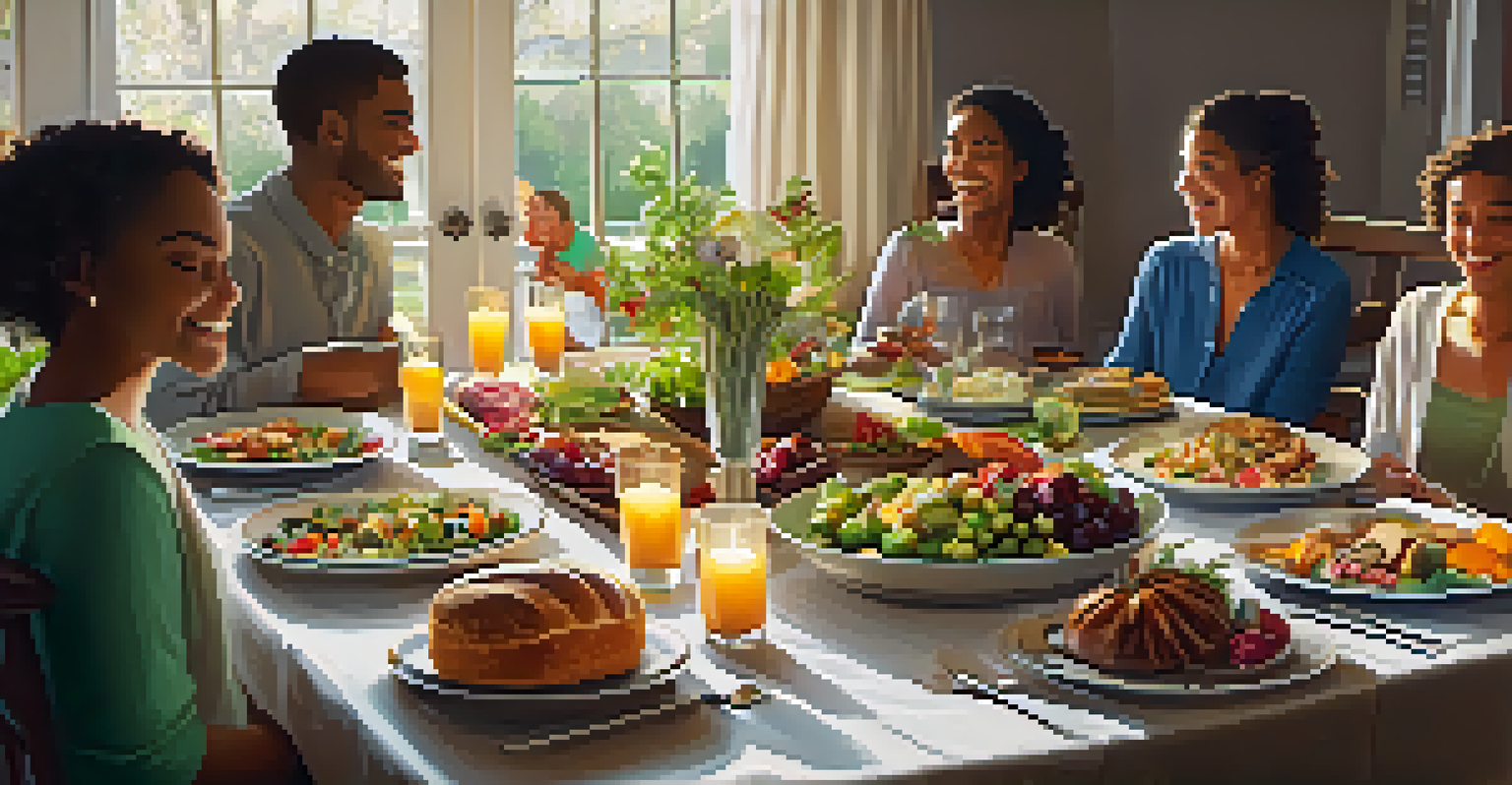 A dining table full of healthy dishes, with people enjoying a meal together in a warm atmosphere.