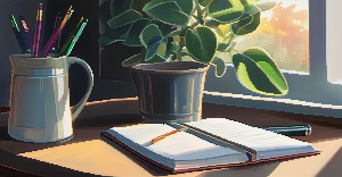 A gratitude journal with handwritten notes on a desk, accompanied by a cup of coffee and a plant, illuminated by soft sunlight.