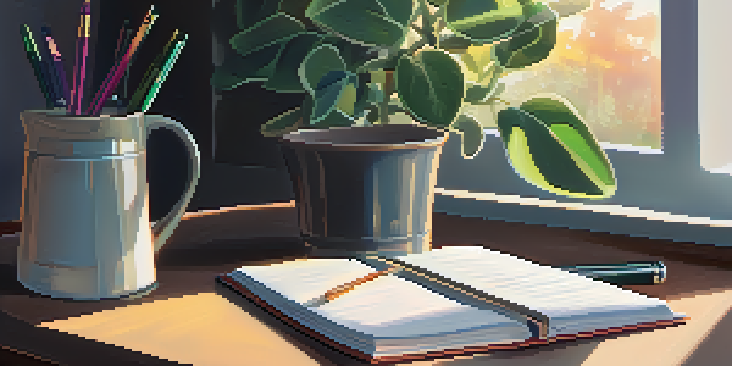 A gratitude journal with handwritten notes on a desk, accompanied by a cup of coffee and a plant, illuminated by soft sunlight.