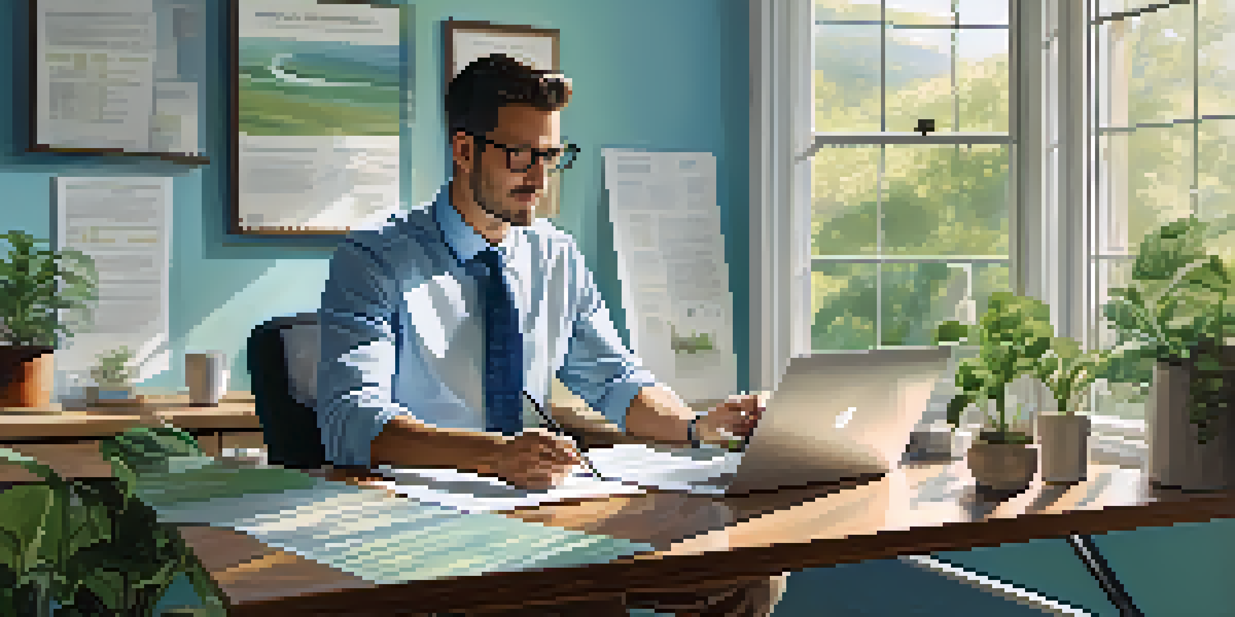 A man in an office reviewing health insurance documents with a laptop, surrounded by plants and natural light.