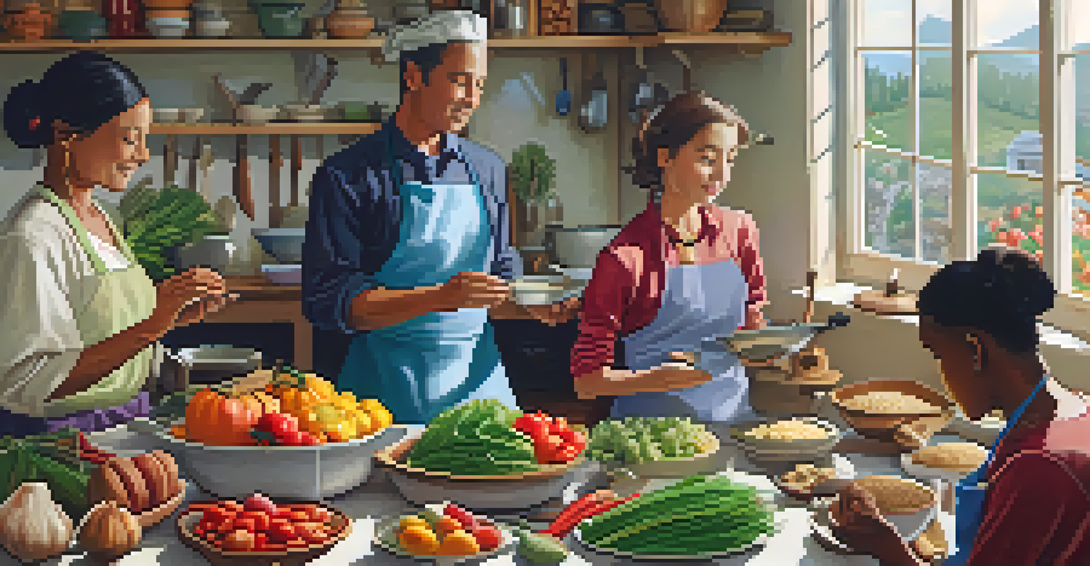 A group of people cooking together in a kitchen, focusing on traditional dishes with vibrant vegetables.