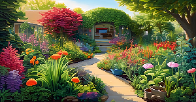 A colorful garden with flowers and plants, symbolizing gut health, with cartoonish microbes interacting harmoniously under soft sunlight.