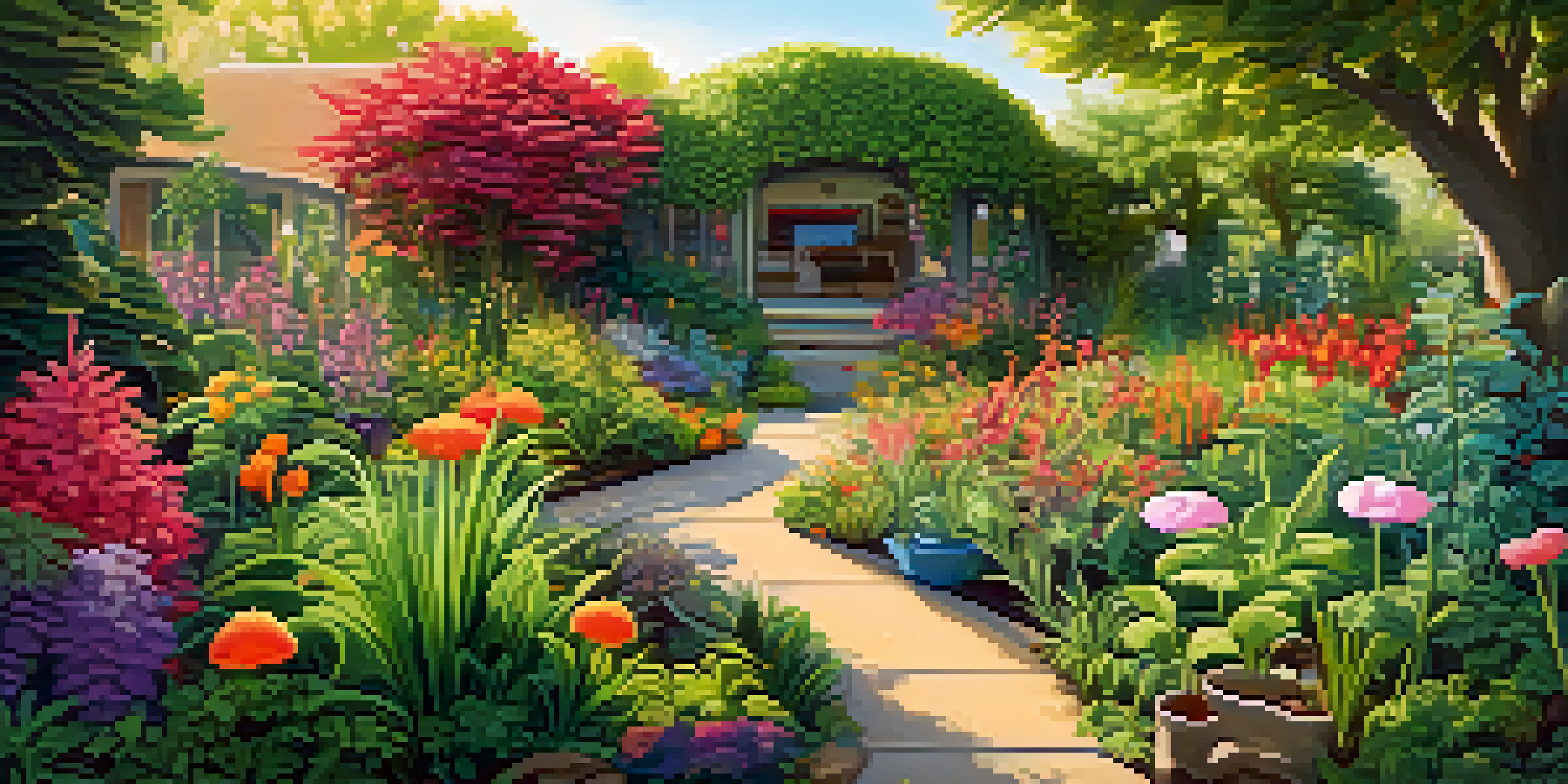 A colorful garden with flowers and plants, symbolizing gut health, with cartoonish microbes interacting harmoniously under soft sunlight.