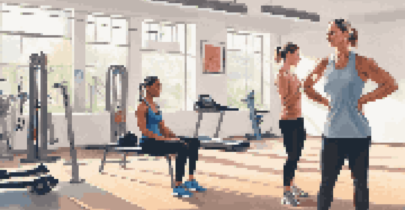 An athletic trainer guiding a female athlete through shoulder rehabilitation exercises with resistance bands in a bright fitness room.