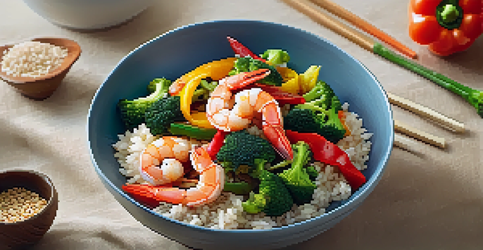 A colorful shrimp stir-fry with bell peppers and broccoli served over brown rice in a modern bowl, garnished with sesame seeds.