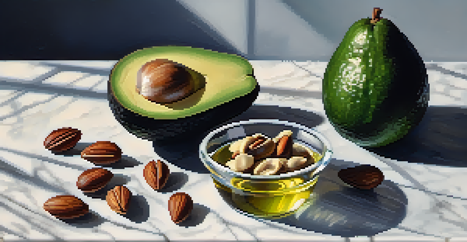 A spread of healthy fats including olive oil, avocados, and nuts on a marble countertop, illuminated by soft morning light.