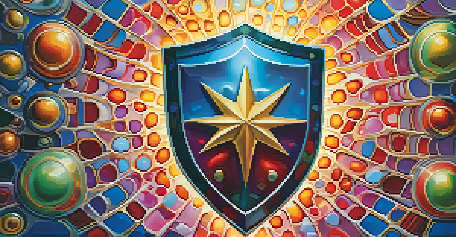 An artistic depiction of the immune system as a shield surrounded by colorful cells, representing health and protection.
