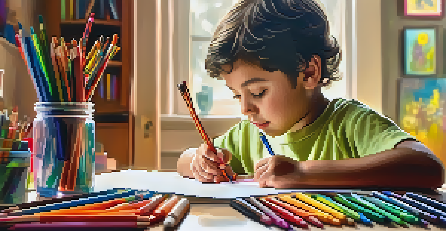 A child drawing with crayons in a cozy setting filled with art supplies and inspirational artwork on the walls.