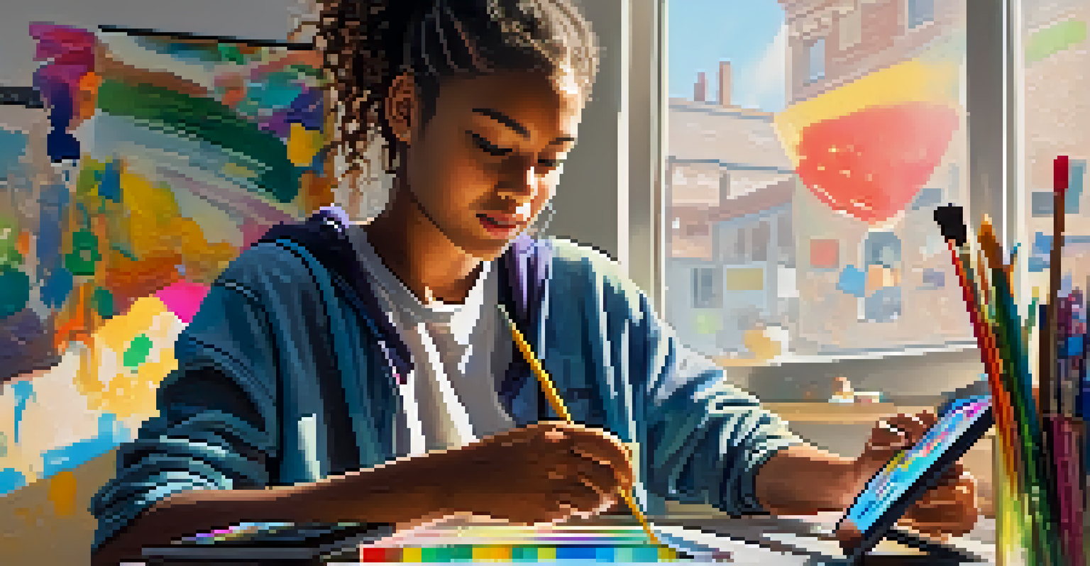 A teenager creating digital art on a tablet in a bright art studio filled with colorful supplies.