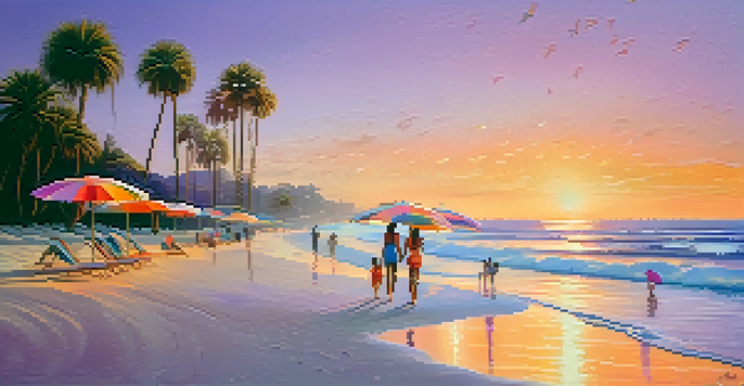 A tranquil beach at sunset with waves, beach umbrellas, and a couple walking along the shore under a colorful sky.
